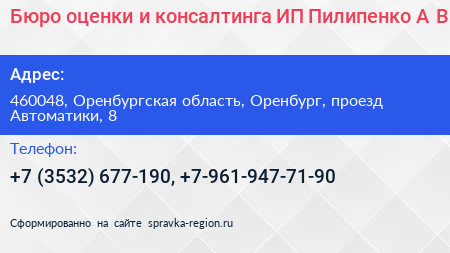 Бюро оценки и консалтинга ИП Пилипенко А В  - визитка