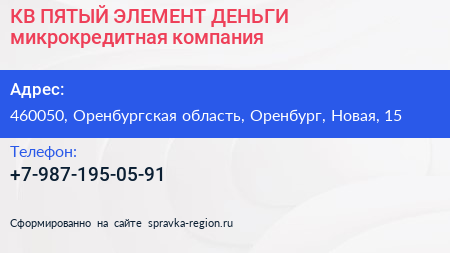 КВ ПЯТЫЙ ЭЛЕМЕНТ ДЕНЬГИ микрокредитная компания - визитка