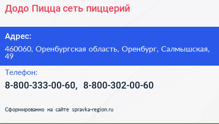 Додо Пицца сеть пиццерий - визитка