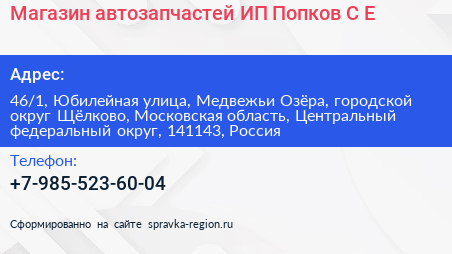 Магазин автозапчастей ИП Попков С Е  - визитка