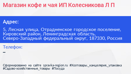 Магазин кофе и чая ИП Колесникова Л П  - визитка