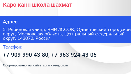 Каро канн школа шахмат - визитка