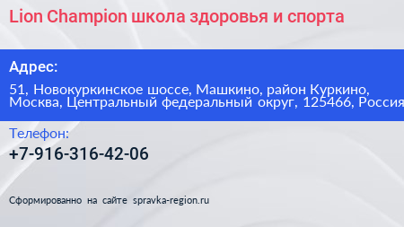 Lion Champion школа здоровья и спорта - визитка