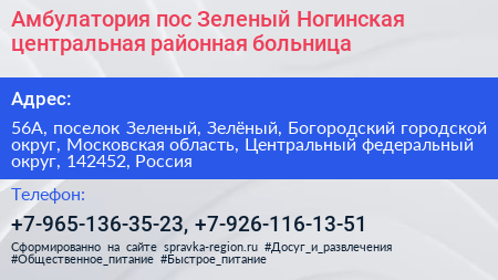 Амбулатория пос Зеленый Ногинская центральная районная больница - визитка