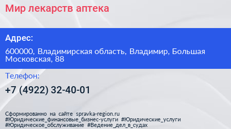 Мир лекарств аптека - визитка