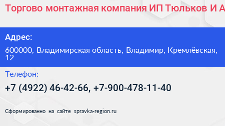 Торгово монтажная компания ИП Тюльков И А  - визитка