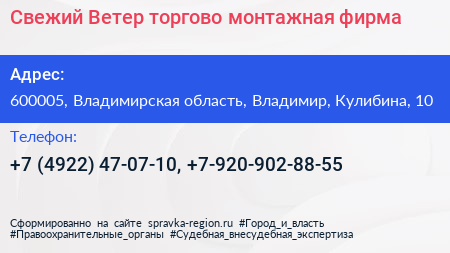 Свежий Ветер торгово монтажная фирма - визитка