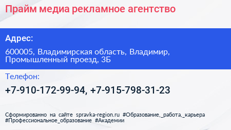 Прайм медиа рекламное агентство - визитка