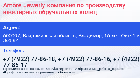 Amore Jewerly компания по производству ювелирных обручальных колец - визитка