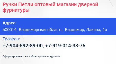 Ручки Петли оптовый магазин дверной фурнитуры - визитка