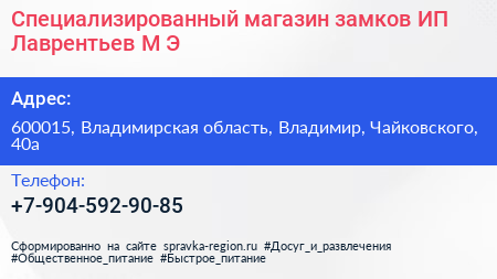 Специализированный магазин замков ИП Лаврентьев М Э  - визитка