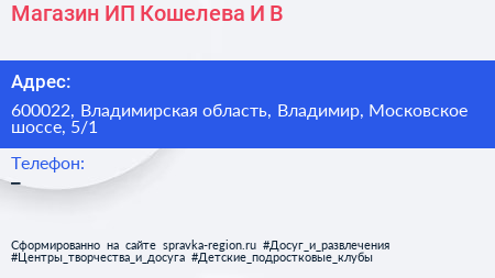 Магазин ИП Кошелева И В - визитка