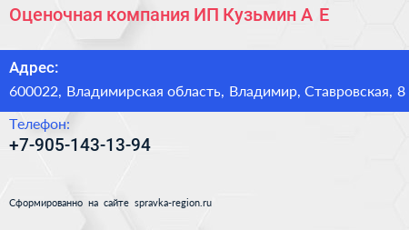 Оценочная компания ИП Кузьмин А Е  - визитка