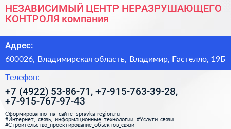 НЕЗАВИСИМЫЙ ЦЕНТР НЕРАЗРУШАЮЩЕГО КОНТРОЛЯ компания - визитка