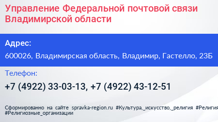 Управление Федеральной почтовой связи Владимирской области - визитка