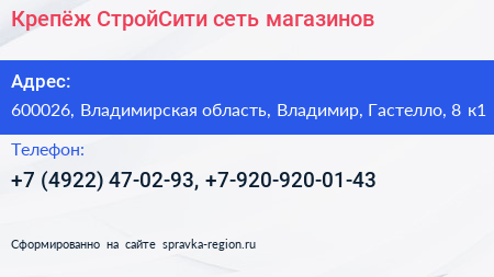Крепёж СтройСити сеть магазинов - визитка