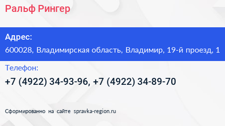 Ральф Рингер - визитка