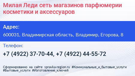 Милая Леди сеть магазинов парфюмерии косметики и аксессуаров - визитка