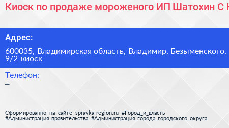 Киоск по продаже мороженого ИП Шатохин С Н  - визитка