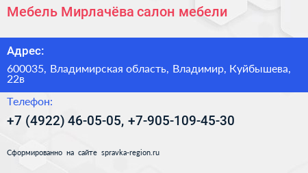 Мебель Мирлачёва салон мебели - визитка