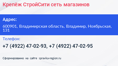 Крепёж СтройСити сеть магазинов - визитка