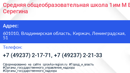 Средняя общеобразовательная школа 1 им М В Серегина - визитка