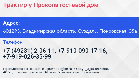 Трактир у Прокопа гостевой дом - визитка