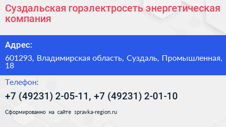 Суздальская горэлектросеть энергетическая компания - визитка