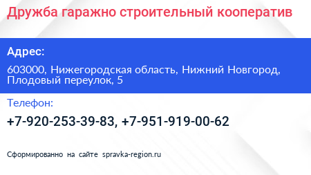 Дружба гаражно строительный кооператив - визитка