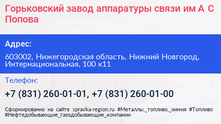 Горьковский завод аппаратуры связи им А С Попова - визитка