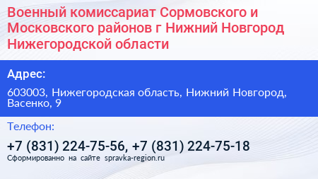 Военный комиссариат Сормовского и Московского районов г Нижний Новгород Нижегородской области - визитка