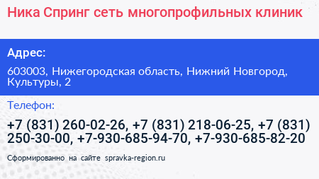 Ника Спринг сеть многопрофильных клиник - визитка