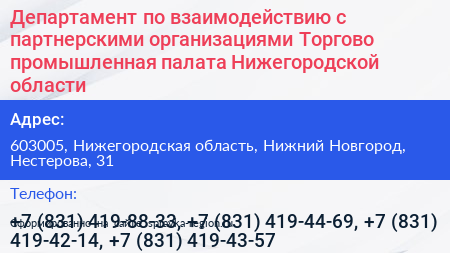 Департамент по взаимодействию с партнерскими организациями Торгово промышленная палата Нижегородской области - визитка