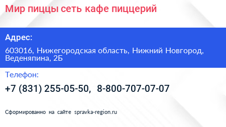 Мир пиццы сеть кафе пиццерий - визитка