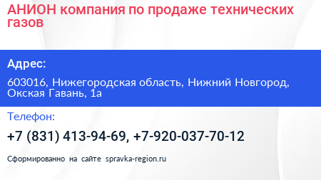 АНИОН компания по продаже технических газов - визитка