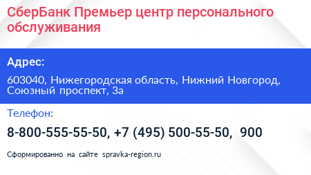 СберБанк Премьер центр персонального обслуживания - визитка