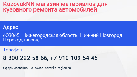 KuzovokNN магазин материалов для кузовного ремонта автомобилей - визитка