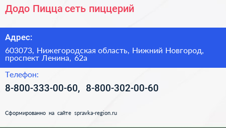 Додо Пицца сеть пиццерий - визитка