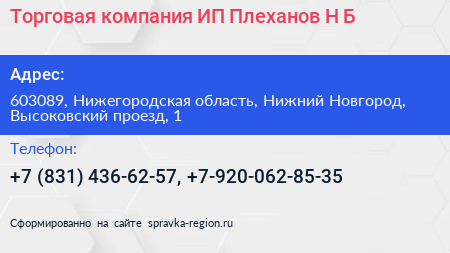 Торговая компания ИП Плеханов Н Б  - визитка