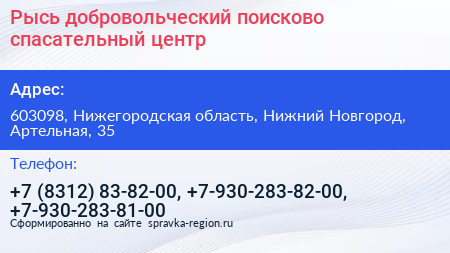 Рысь добровольческий поисково спасательный центр - визитка