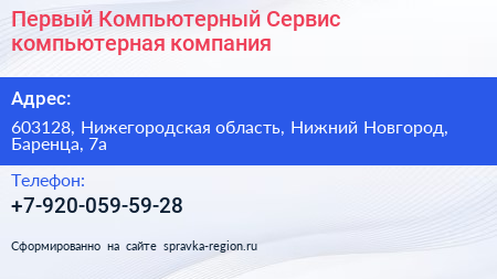 Первый Компьютерный Сервис компьютерная компания - визитка