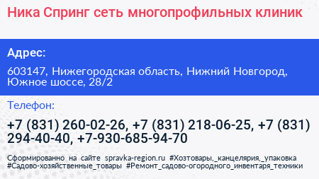 Ника Спринг сеть многопрофильных клиник - визитка