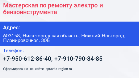 Мастерская по ремонту электро и бензоинструмента - визитка