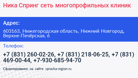 Ника Спринг сеть многопрофильных клиник - визитка