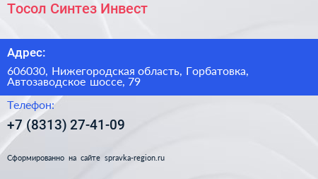 Тосол Синтез Инвест - визитка