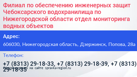 Филиал по обеспечению инженерных защит Чебоксарского водохранилища по Нижегородской области отдел мониторинга водных объектов - визитка