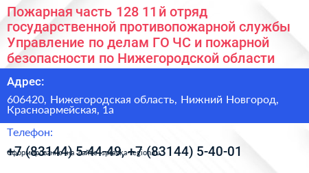 Пожарная часть 128 11 й отряд государственной противопожарной службы Управление по делам ГО ЧС и пожарной безопасности по Нижегородской области - визитка