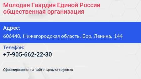 Молодая Гвардия Единой России общественная организация - визитка