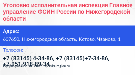 Уголовно исполнительная инспекция Главное управление ФСИН России по Нижегородской области - визитка