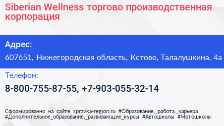 Siberian Wellness торгово производственная корпорация - визитка